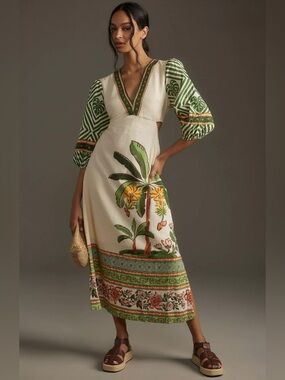 FARM Rio x Anthropologie Palm V-Neck Midi Dress